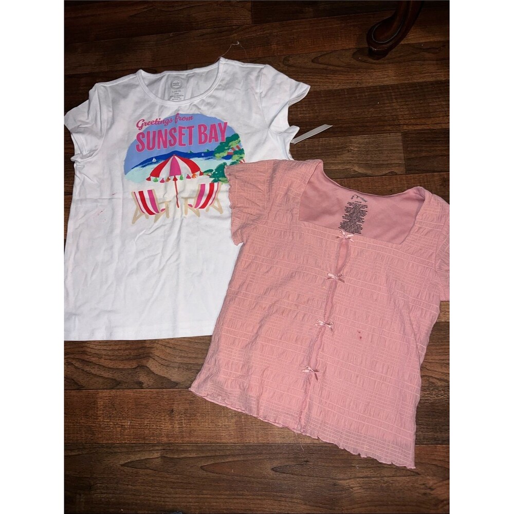 Girls White 'Sunset Bay' Graphic Tee & Pink Short Sleeve Top - 2-Pack L 10-12